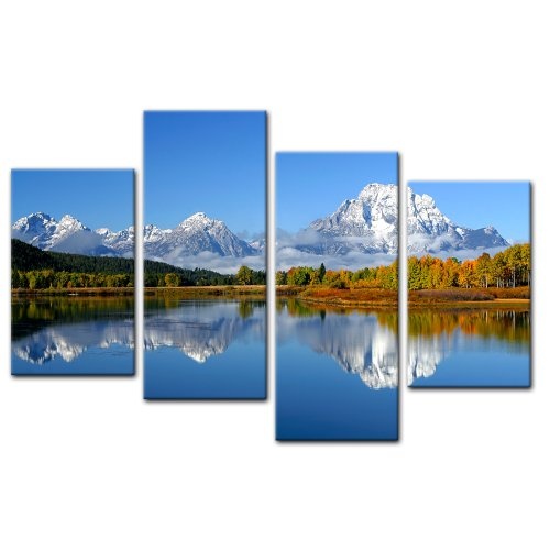Wandbild - Berglandschaft USA - Oxbow Bend - Bild auf Leinwand - 120x80 cm 4 teilig - Leinwandbilder - Bilder als Leinwanddruck - Landschaften - Amerika - Berge mit See und Herbstwald