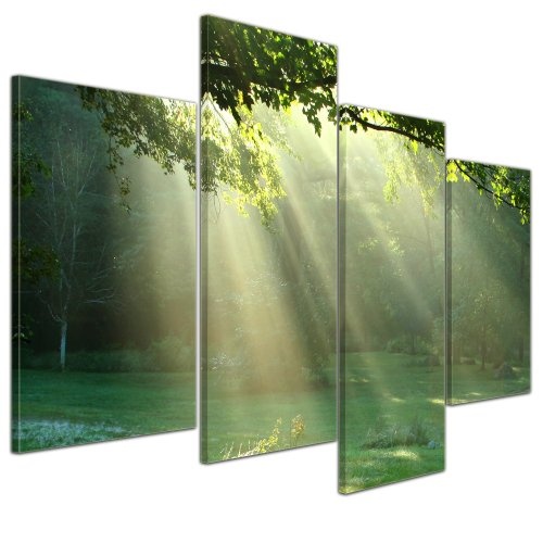 Wandbild - Wiese - Bild auf Leinwand - 120x80 cm 4 teilig - Leinwandbilder - Bilder als Leinwanddruck - Landschaften - Natur - Sonnenstrahlen auf Einer grünen Wiese
