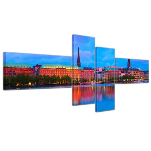Wandbild - Hamburg - Bild auf Leinwand - 200x80 cm 4 teilig - Leinwandbilder - Bilder als Leinwanddruck - Städte & Kulturen - Europa - Deutschland - Hamburger Alster