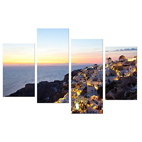 Wandbild - Oia Village Santorini - Griechenland - Bild auf Leinwand - 120x80 cm 4 teilig - Leinwandbilder - Urlaub, Sonne & Meer - Mittelmeer - Ägäis - Dorf im Sonnenuntergang