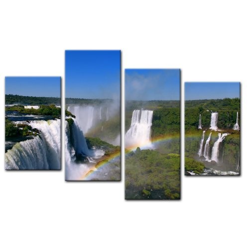 Wandbild - Iguazu Wasserfälle mit Regenbogen - Bild auf Leinwand - 120x80 cm 4 teilig - Leinwandbilder - Bilder als Leinwanddruck - Landschaften - Natur - Fluss Iguazu in Südamerika