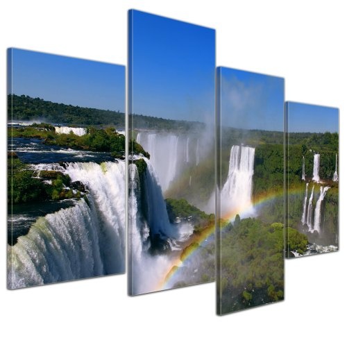 Wandbild - Iguazu Wasserfälle mit Regenbogen - Bild auf Leinwand - 120x80 cm 4 teilig - Leinwandbilder - Bilder als Leinwanddruck - Landschaften - Natur - Fluss Iguazu in Südamerika