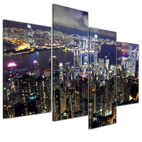 Wandbild - Hong Kong City at Night - Bild auf Leinwand - 120x80 cm 4 teilig - Leinwandbilder - Bilder als Leinwanddruck - Städte & Kulturen - Asien - China - Skyline von Hong Kong