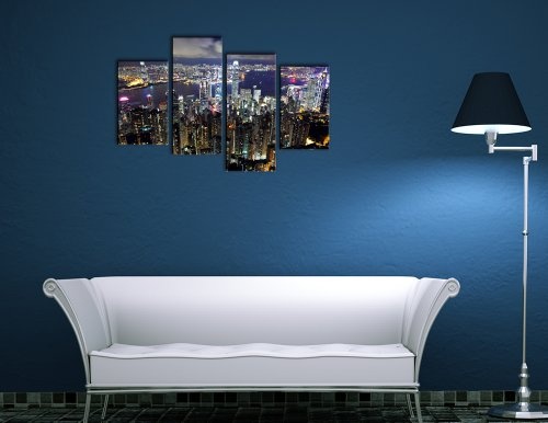 Wandbild - Hong Kong City at Night - Bild auf Leinwand - 120x80 cm 4 teilig - Leinwandbilder - Bilder als Leinwanddruck - Städte & Kulturen - Asien - China - Skyline von Hong Kong