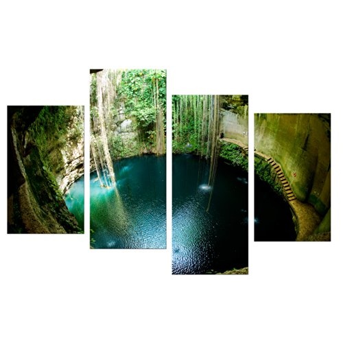 Wandbild - Ik-Kil Cenote Mexiko - Bild auf Leinwand - 120x80 cm 4 teilig - Leinwandbilder - Urlaub, Sonne & Meer - Yucatan - Unterwasserhöhle - Wasserloch - Pool