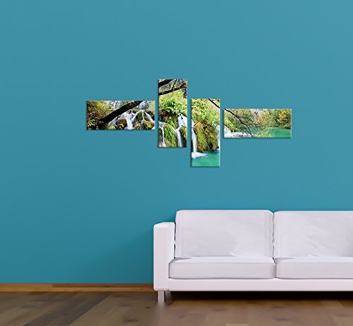 Wandbild - Wasserfall im Herbst - Bild auf Leinwand - 200x80 cm 4 teilig - Leinwandbilder - Landschaften - Kroatien - Nationalpark Plitvicer Seen