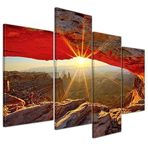 Wandbild - Sonnenaufgang im Arches-Nationalpark - Utah - Bild auf Leinwand - 120x80 cm 4 teilig - Leinwandbilder - Landschaften - Amerika - USA - Colorado-Plateaus - Steinbogen
