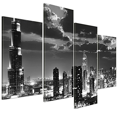 Wandbild - Dubai bei Nacht schwarz weiß - Bild auf Leinwand - 120x80 cm 4 teilig - Leinwandbilder - Städte & Kulturen - Vereinigten Arabischen Emirate - Skyline