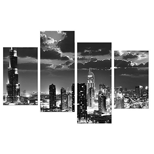 Wandbild - Dubai bei Nacht schwarz weiß - Bild auf Leinwand - 120x80 cm 4 teilig - Leinwandbilder - Städte & Kulturen - Vereinigten Arabischen Emirate - Skyline