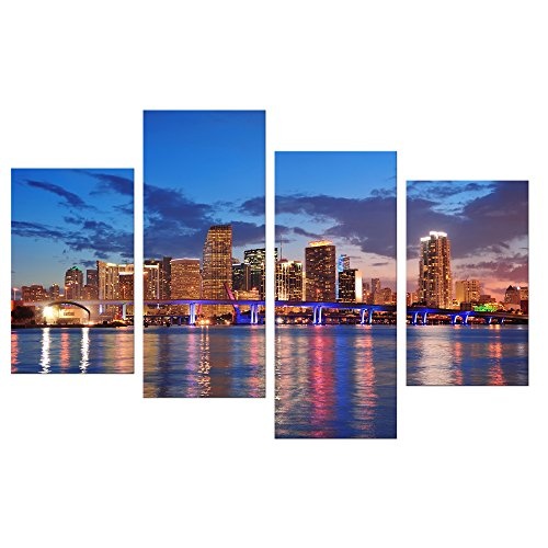 Wandbild - Skyline von Miami South Beach - Florida - Bild auf Leinwand - 120x80 cm 4 teilig - Leinwandbilder - Städte & Kulturen - Amerika - Biscayne Bay - Nachtleben