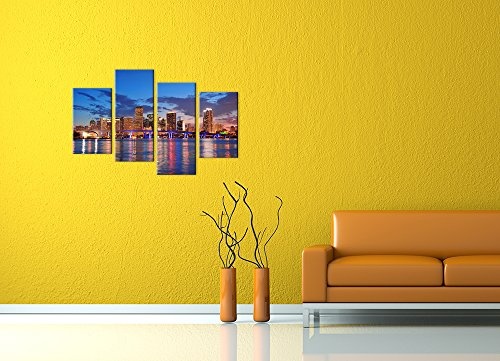 Wandbild - Skyline von Miami South Beach - Florida - Bild auf Leinwand - 120x80 cm 4 teilig - Leinwandbilder - Städte & Kulturen - Amerika - Biscayne Bay - Nachtleben