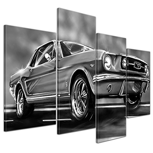Wandbild - Mustang Graphic - schwarz weiß - Bild auf Leinwand - 120x80 cm 4 teilig - Leinwandbilder - Motorisiert - Oldtimer - Klassiker - Amerika