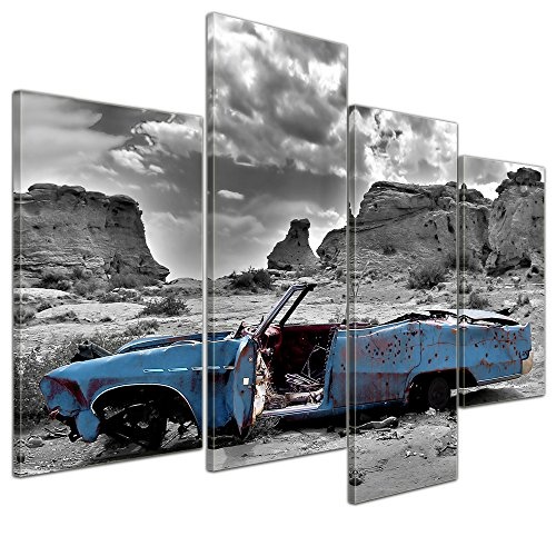 Wandbild - Cadillac - blau - Bild auf Leinwand - 120x80 cm 4 teilig - Leinwandbilder - Motorisiert - Amerika - Landschaften - Autowrack in der Wüste