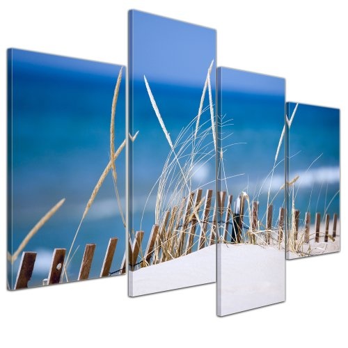 Wandbild - Sanddüne - Bild auf Leinwand - 120x80 cm 4 teilig - Leinwandbilder - Bilder als Leinwanddruck - Urlaub, Sonne & Meer - Dünengras am Strand