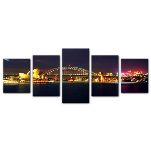 Wandbild - Sydney Opera House und die Harbour Bridge - Bild auf Leinwand - 200x80 cm 5 teilig - Leinwandbilder - Bilder als Leinwanddruck - Städte & Kulturen - Australien - Sydney bei Nacht