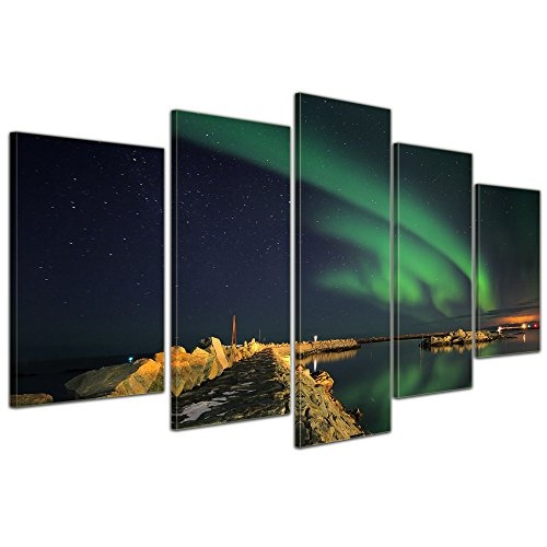 Wandbild - Nordlichter III in Yukon - Kanada - Bild auf Leinwand - 100x50 cm 5 teilig - Leinwandbilder - Landschaften - Amerika - Polarlicht - Aurora Borealis - Polargebiete