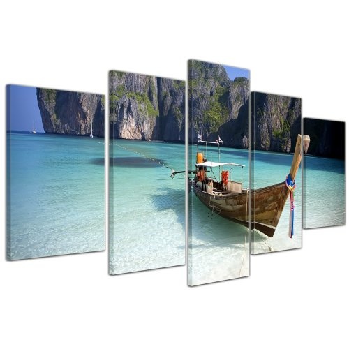 Wandbild - Maya Bay, KOH Phi Phi Ley - Thailand - Bild auf Leinwand - 100x50 cm 5 teilig - Leinwandbilder - Bilder als Leinwanddruck - Urlaub, Sonne & Meer - Asien - Boot am Strand