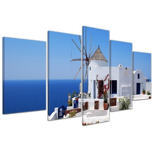 Wandbild - Griechische Mühle - Bild auf Leinwand - 100x50 cm 5 teilig - Leinwandbilder - Bilder als Leinwanddruck - Urlaub, Sonne & Meer - Mittelmeer - Griechenland - Mühle in Santorini