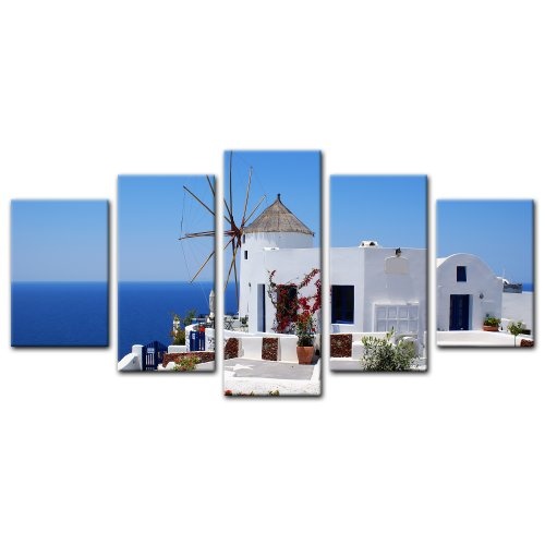 Wandbild - Griechische Mühle - Bild auf Leinwand - 100x50 cm 5 teilig - Leinwandbilder - Bilder als Leinwanddruck - Urlaub, Sonne & Meer - Mittelmeer - Griechenland - Mühle in Santorini