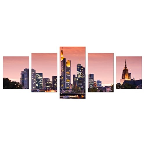 Wandbild - Frankfurt Skyline - Deutschland bei Nacht - Deutschland - Bild auf Leinwand - 200x80 cm 5 teilig - Leinwandbilder - Städte & Kulturen - Hessen - Hochhäuser im Sonnenuntergang - Messe - Börse