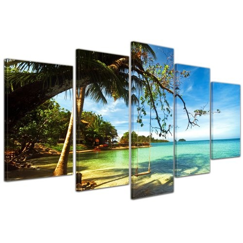 Wandbild - Tropical Beach Under Blue Sky - Thailand - Bild auf Leinwand - 100x50 cm 5 teilig - Leinwandbilder - Bilder als Leinwanddruck - Landschaften - Asien - Schaukel am Strand