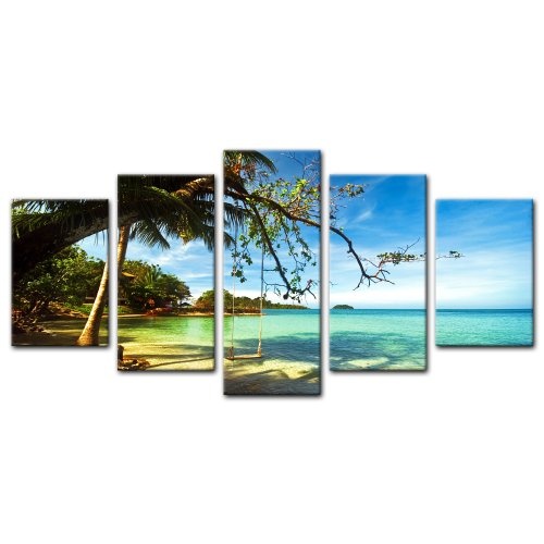 Wandbild - Tropical Beach Under Blue Sky - Thailand - Bild auf Leinwand - 100x50 cm 5 teilig - Leinwandbilder - Bilder als Leinwanddruck - Landschaften - Asien - Schaukel am Strand