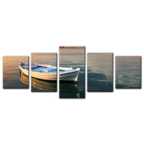 Wandbild - traditionelles griechisches Fischerboot - Bild auf Leinwand - 200x80 cm 5 teilig - Leinwandbilder - Bilder als Leinwanddruck - Urlaub, Sonne & Meer - Griechenland - Hafen im Sonnenuntergang