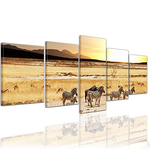 Wandbild - Afrikanische Savanne - Bild auf Leinwand - 200x80 cm 5 teilig - Leinwandbilder - Bilder als Leinwanddruck - Tierwelten - afrikanische Wildtiere