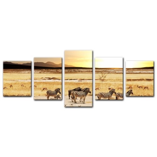 Wandbild - Afrikanische Savanne - Bild auf Leinwand - 200x80 cm 5 teilig - Leinwandbilder - Bilder als Leinwanddruck - Tierwelten - afrikanische Wildtiere