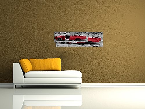 Wandbild - Cadillac - rot - Bild auf Leinwand - 200x80 cm 5 teilig - Leinwandbilder - Motorisiert - Amerika - Landschaften - Autowrack in der Wüste
