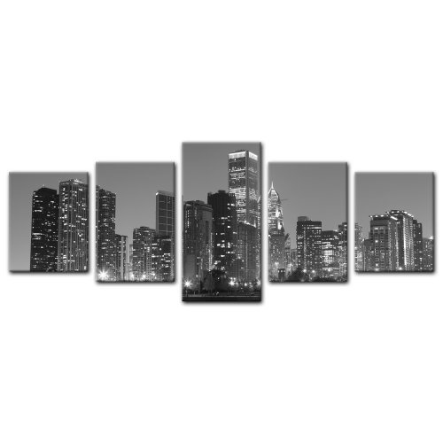 Wandbild - Chicago - Bild auf Leinwand - 200x80 cm 5 teilig - Leinwandbilder - Bilder als Leinwanddruck - Städte & Kulturen - Amerika - USA - Stadtansicht in schwarz weiß