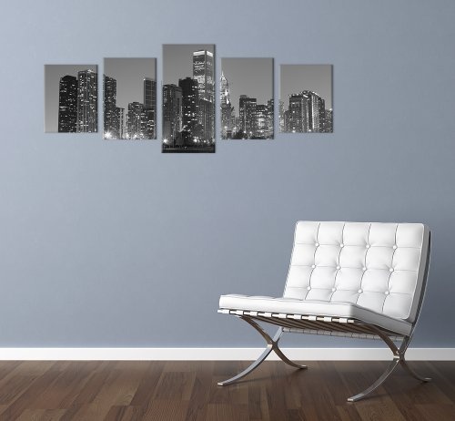 Wandbild - Chicago - Bild auf Leinwand - 200x80 cm 5 teilig - Leinwandbilder - Bilder als Leinwanddruck - Städte & Kulturen - Amerika - USA - Stadtansicht in schwarz weiß