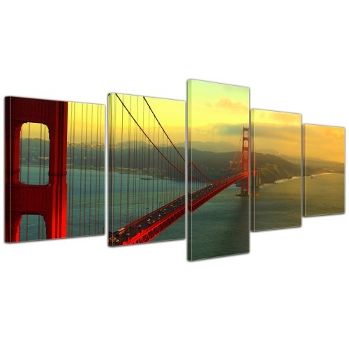 Wandbild - Golden Gate Bridge - San Francisco II - Bild auf Leinwand - 200x80 cm 5 teilig - Leinwandbilder - Bilder als Leinwanddruck - Städte & Kulturen - Amerika - USA - Brücke in Kalifornien