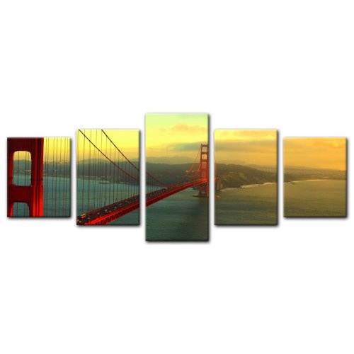 Wandbild - Golden Gate Bridge - San Francisco II - Bild auf Leinwand - 200x80 cm 5 teilig - Leinwandbilder - Bilder als Leinwanddruck - Städte & Kulturen - Amerika - USA - Brücke in Kalifornien