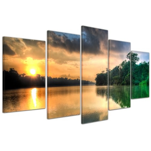 Wandbild - Morgenreflektion - Bild auf Leinwand - 100x50 cm 5 teilig - Leinwandbilder - Bilder als Leinwanddruck - Landschaften - Sonne über Einem Fluss