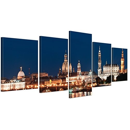 Wandbild - Dresden Skyline bei Nacht - Deutschland - Bild auf Leinwand - 200x80 cm 5 teilig - Leinwandbilder - Städte & Kulturen - Sachsen - Elbe - Altstadt - beleuchtet