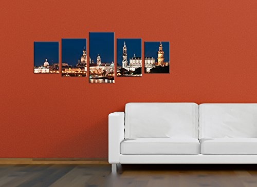 Wandbild - Dresden Skyline bei Nacht - Deutschland - Bild auf Leinwand - 200x80 cm 5 teilig - Leinwandbilder - Städte & Kulturen - Sachsen - Elbe - Altstadt - beleuchtet