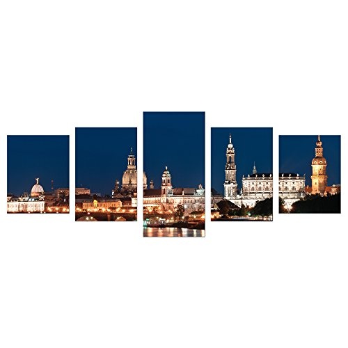 Wandbild - Dresden Skyline bei Nacht - Deutschland - Bild auf Leinwand - 200x80 cm 5 teilig - Leinwandbilder - Städte & Kulturen - Sachsen - Elbe - Altstadt - beleuchtet