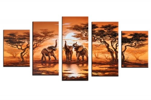 Bilderdepot24 Elefanten M2 handgemaltes Leinwandbild 150x70cm 5 teilig 628
