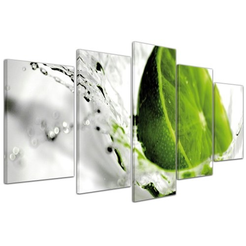 Wandbild - Limette - Bild auf Leinwand - 100x50 cm 5 teilig - Leinwandbilder - Bilder als Leinwanddruck - Essen & Trinken - Obst - Limette mit Wasserspritzern
