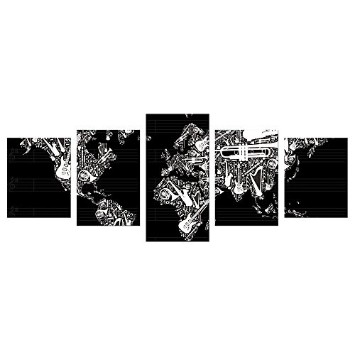 Wandbild - Weltkarte Musik - Bild auf Leinwand - 200x80 cm 5 teilig - Leinwandbilder - Urban & Graphic - Erde - Instrumente - Notenlinien - schwarz weiß