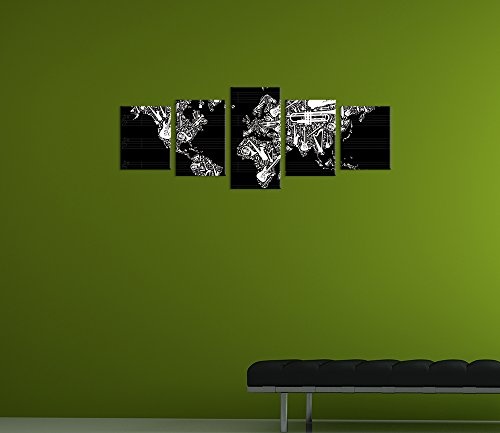 Wandbild - Weltkarte Musik - Bild auf Leinwand - 200x80 cm 5 teilig - Leinwandbilder - Urban & Graphic - Erde - Instrumente - Notenlinien - schwarz weiß