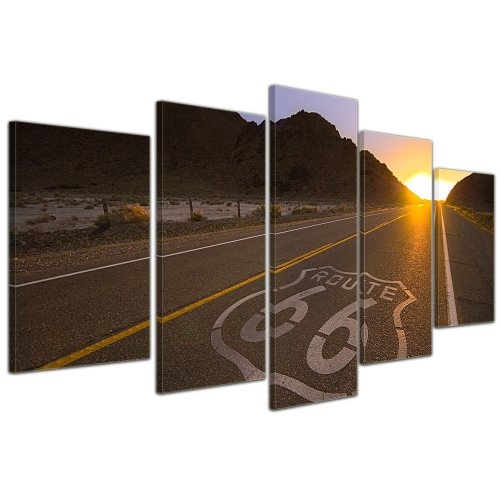 Wandbild - Historische Route 66 - USA - Bild auf Leinwand - 100x50 cm 5 teilig - Leinwandbilder - Bilder als Leinwanddruck - Landschaften - Amerika - USA - Highway