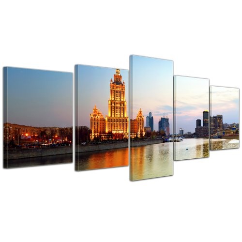 Wandbild - Moskau - Russland - Bild auf Leinwand - 200x80 cm 5 teilig - Leinwandbilder - Bilder als Leinwanddruck - Städte & Kulturen - Europa - Moskwa am Abend