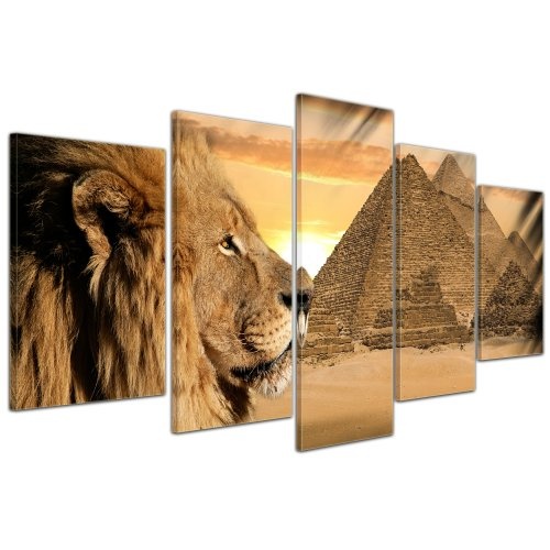 Wandbild - Löwe Pyramiden - Bild auf Leinwand - 100x50 cm 5 teilig - Leinwandbilder - Geist & Seele - Afrika - Ägypten - Hieroglyphen - Sonnenuntergang
