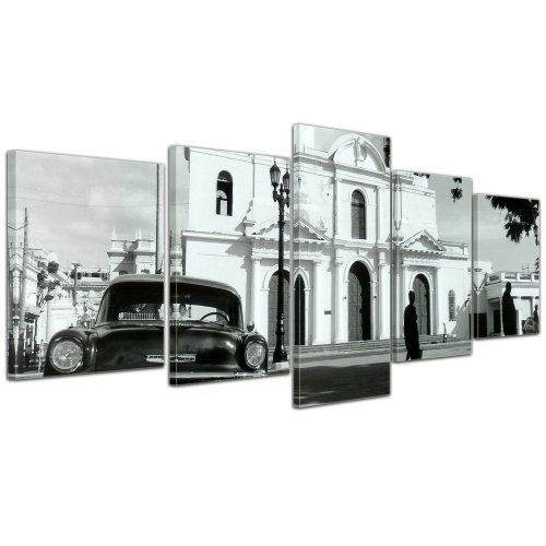 Wandbild - Oldtimer - Kuba - Bild auf Leinwand - 200x80 cm 5 teilig - Leinwandbilder - Bilder als Leinwanddruck - Motorisiert - Karibik - Straßenkreuzer auf Kuba