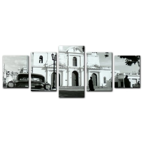 Wandbild - Oldtimer - Kuba - Bild auf Leinwand - 200x80 cm 5 teilig - Leinwandbilder - Bilder als Leinwanddruck - Motorisiert - Karibik - Straßenkreuzer auf Kuba