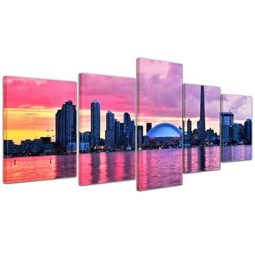 Wandbild - Skyline von Toronto - Bild auf Leinwand - 200x80 cm 5 teilig - Leinwandbilder - Bilder als Leinwanddruck - Städte & Kulturen - Nordamerika - Kanada - Stadtansicht von Toronto