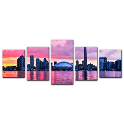 Wandbild - Skyline von Toronto - Bild auf Leinwand - 200x80 cm 5 teilig - Leinwandbilder - Bilder als Leinwanddruck - Städte & Kulturen - Nordamerika - Kanada - Stadtansicht von Toronto