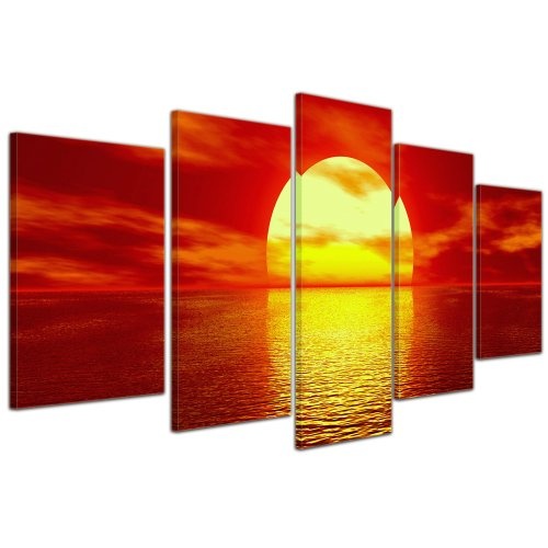 Wandbild - Sonne - Bild auf Leinwand - 100x50 cm 5 teilig - Leinwandbilder - Bilder als Leinwanddruck - Urlaub, Sonne & Meer - Sonnenuntergang über dem Meer